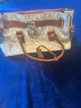 Michael Kors Cream Logo Tote with Brown Leather Trim